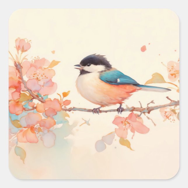 Chickadee’s Perch in a Symphony of Blooms Square Sticker (Front)