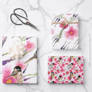 Chickadee Watercolor Floral Decoupage Gift Wrapping Paper Sheet