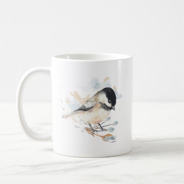 Chickadee Watercolor Flowers Coffee Mug (Left)