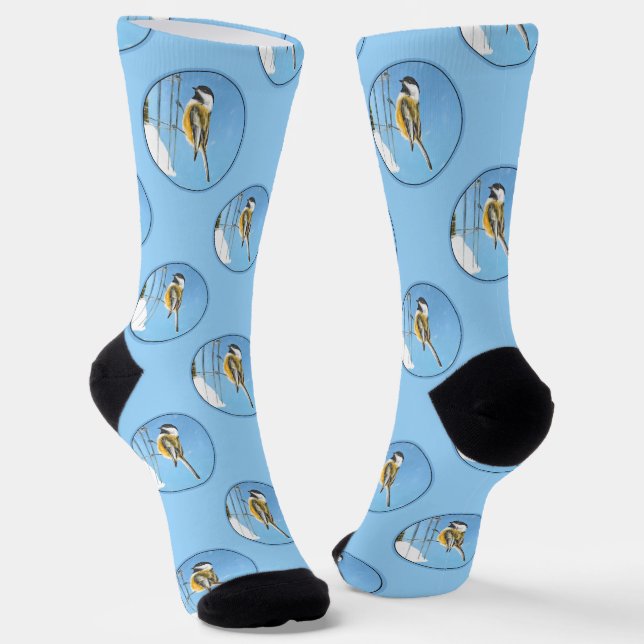 Chickadee Winter Feeder Painting Original Bird Art Socks (Angled)