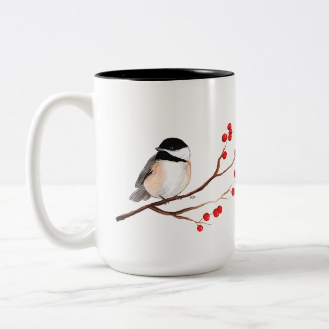 Chickadee with Red Berries - Single Branch Two-Tone Coffee Mug (Left)