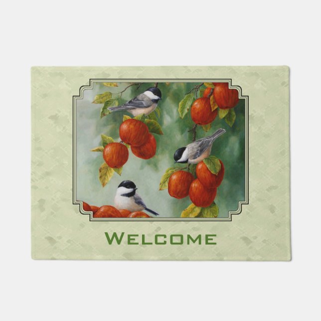 Chickadees and Apple Tree Green Doormat (Front)