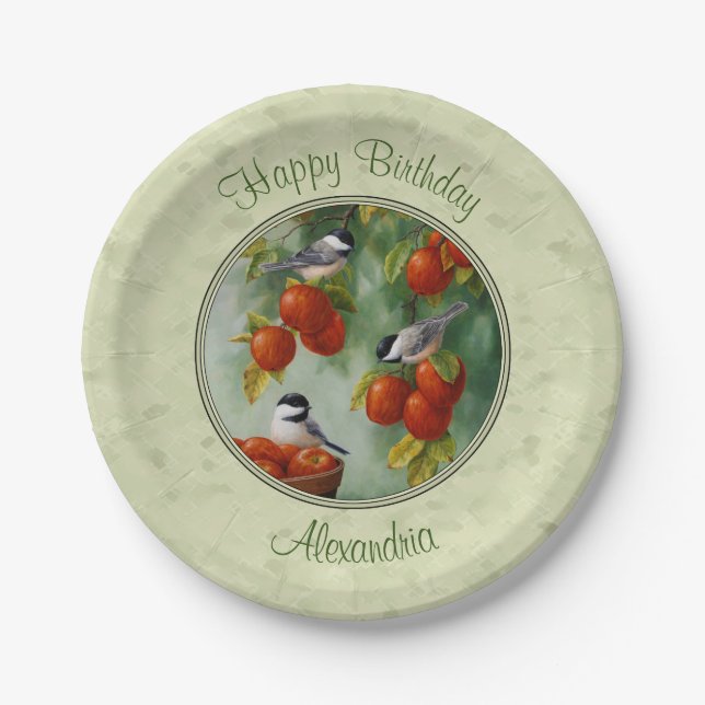 Chickadees and Apple Tree Green Paper Plate (Front)