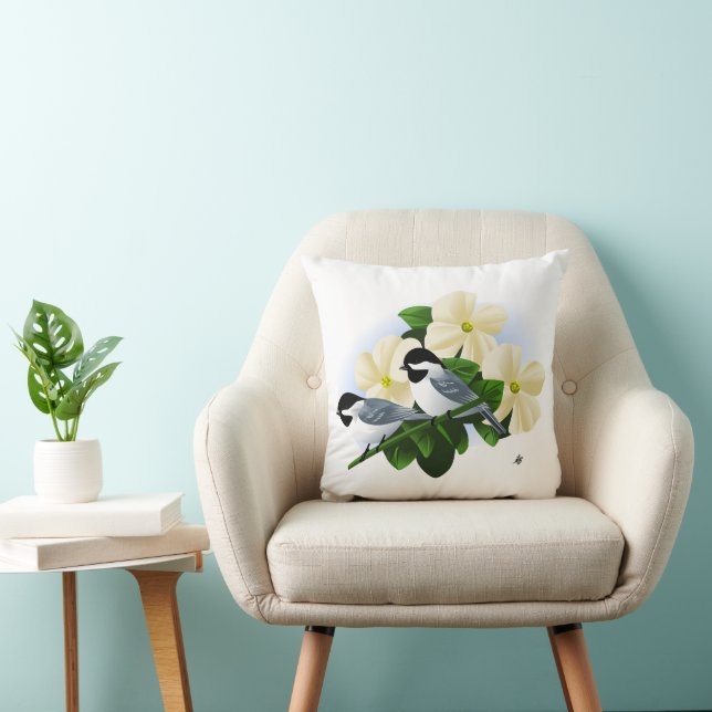 Chickadees and Dogwood Flower Cushion (Chair)