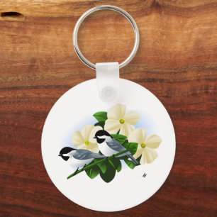 Chickadees and Dogwood Flower Key Ring