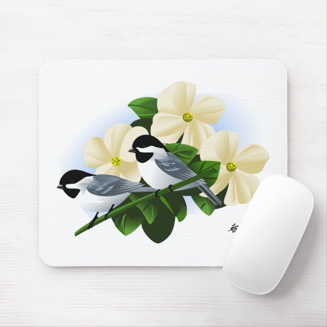 Chickadees and Dogwood Flower Mouse Mat (With Mouse)