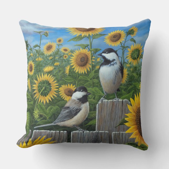Chickadees and Sunflowers Cushion (Front)