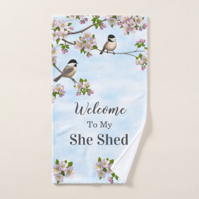 Chickadees & Apple Blossoms She Shed Personalise Bath Towel Set (Hand Towel)