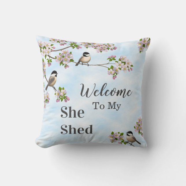 Chickadees & Apple Blossoms She Shed Personalise Cushion (Front)