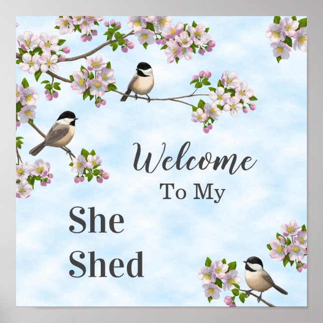 Chickadees & Apple Blossoms She Shed Personalise Poster (Front)