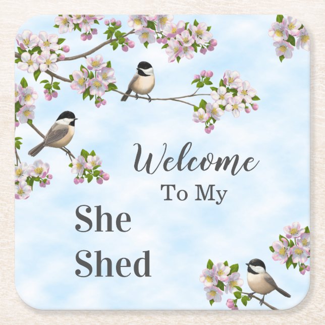 Chickadees & Apple Blossoms She Shed Personalise Square Paper Coaster (Front)
