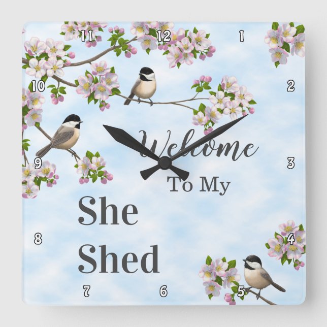 Chickadees & Apple Blossoms She Shed Personalise Square Wall Clock (Front)