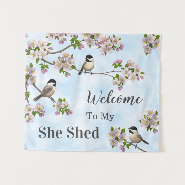 Chickadees & Apple Blossoms She Shed Personalise Tapestry (Front (Horizontal))