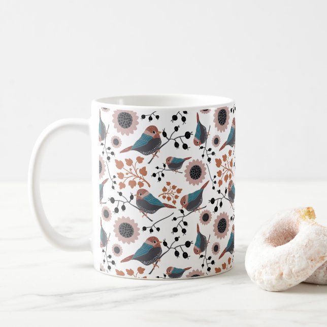 Chickadees Berries Flowers Pink Blue Rust Coffee Mug (With Donut)