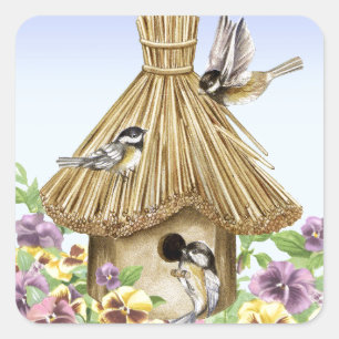 Chickadees Birdhouse Square Sticker