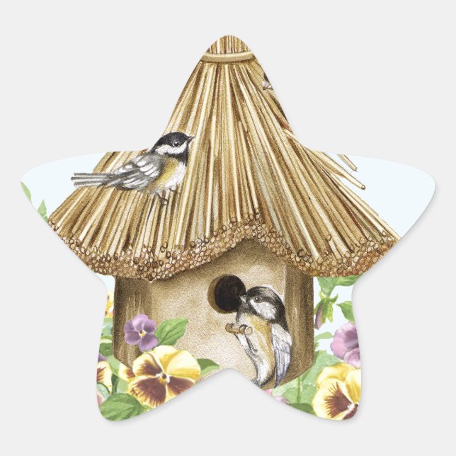 Chickadees Birdhouse Star Sticker (Front)