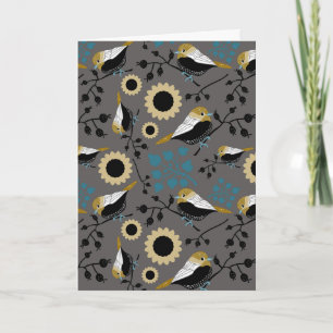 Chickadees Flowers Berries Grey Black Teal Gold Card