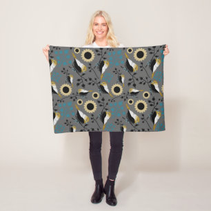 Chickadees Flowers Berries Teal Gold Black Fleece Blanket