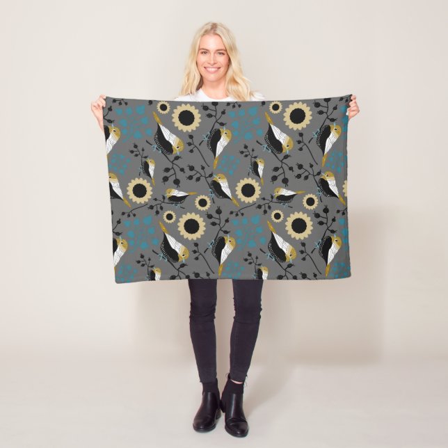 Chickadees Flowers Berries Teal Gold Black Fleece Blanket (In Situ)