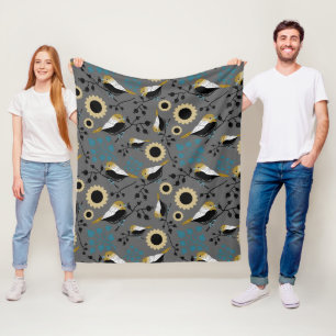 Chickadees Flowers Berries Teal Gold Black Fleece Blanket