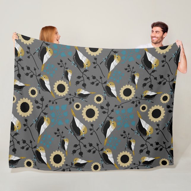 Chickadees Flowers Berries Teal Gold Black Fleece Blanket (In Situ)