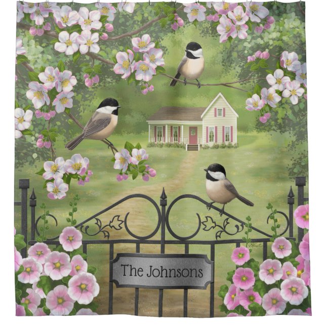Chickadees Flowers Victorian Farmhouse Shower Curtain (Front)