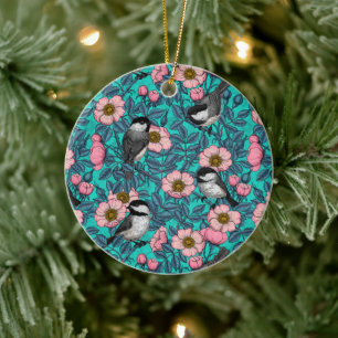Chickadees in the wild rose ceramic ornament