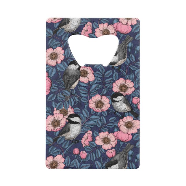 Chickadees in the wild rose in pink and blue (Front)