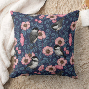 Chickadees in the wild rose in pink and blue cushion
