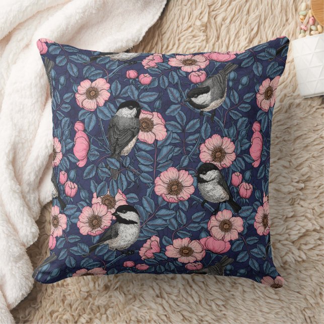 Chickadees in the wild rose in pink and blue cushion (Blanket)