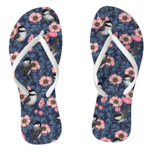 Chickadees in the wild rose in pink and blue flip flops