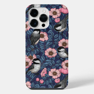 Chickadees in the wild rose in pink and blue iPhone 14 pro max case