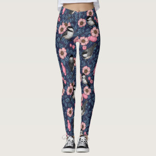 Chickadees in the wild rose in pink and blue leggings