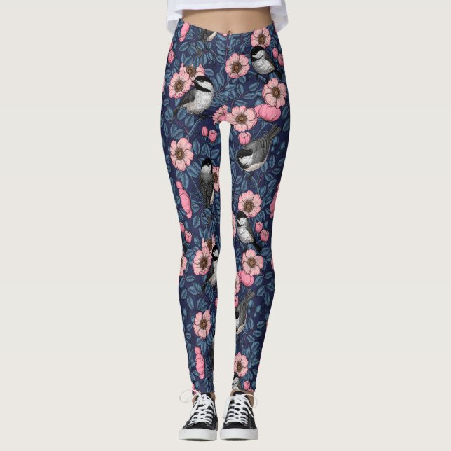 Chickadees in the wild rose in pink and blue leggings (Front)