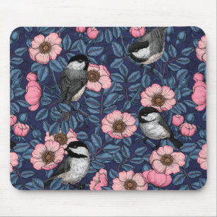Chickadees in the wild rose in pink and blue mouse mat