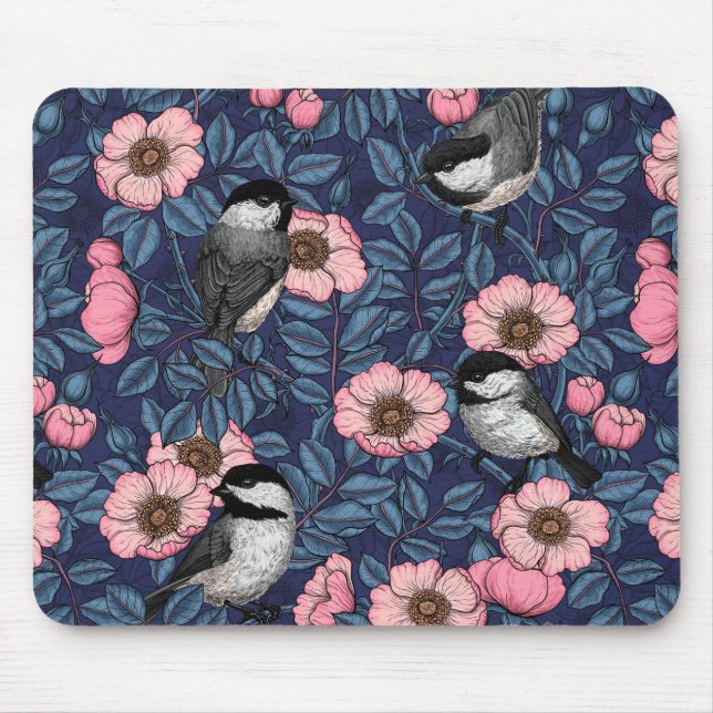 Chickadees in the wild rose in pink and blue mouse mat (Front)