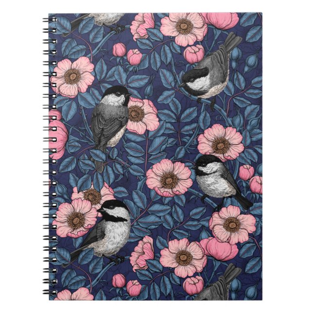 Chickadees in the wild rose in pink and blue noteb notebook (Front)