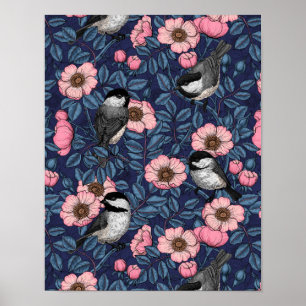 Chickadees in the wild rose in pink and blue poster