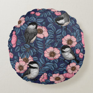 Chickadees in the wild rose in pink and blue round cushion