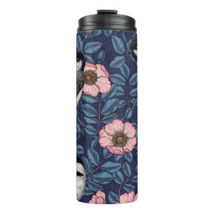 Chickadees in the wild rose in pink and blue thermal tumbler