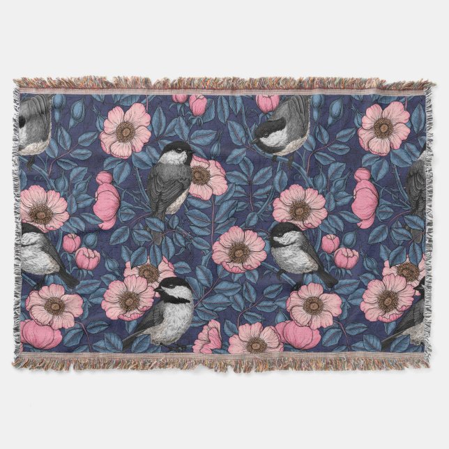 Chickadees in the wild rose in pink and blue throw blanket (Front)