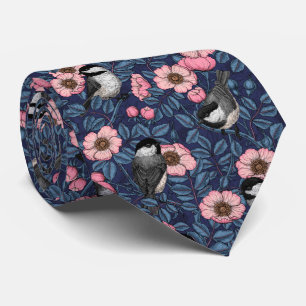 Chickadees in the wild rose in pink and blue tie