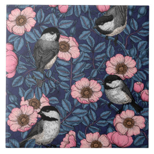 Chickadees in the wild rose in pink and blue tile