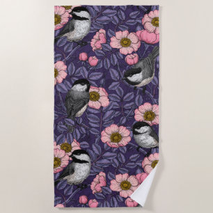 Chickadees in the wild rose in pink and violet beach towel