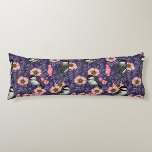 Chickadees in the wild rose in pink and violet body cushion