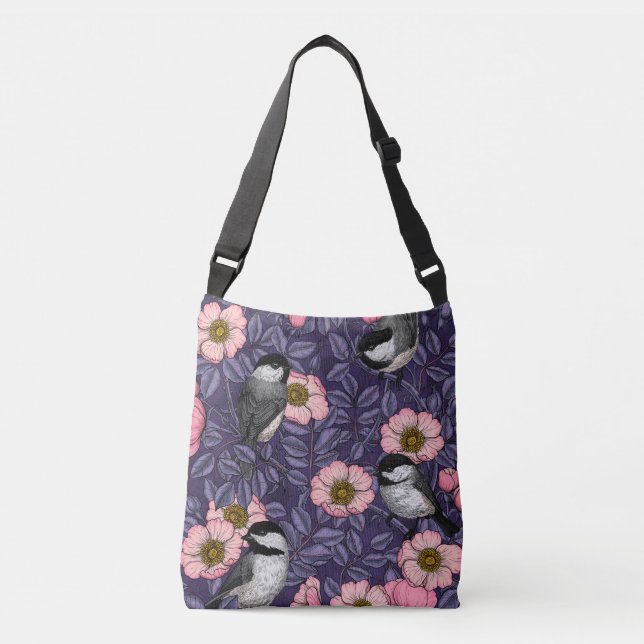Chickadees in the wild rose in pink and violet crossbody bag (Front)