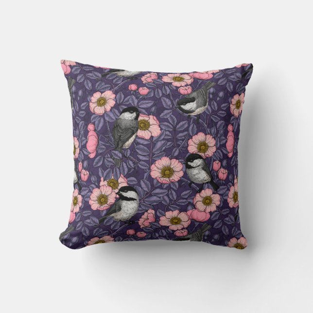 Chickadees in the wild rose in pink and violet cushion (Front)