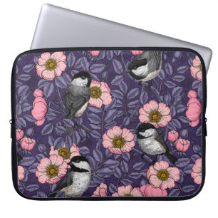 Chickadees in the wild rose in pink and violet laptop sleeve