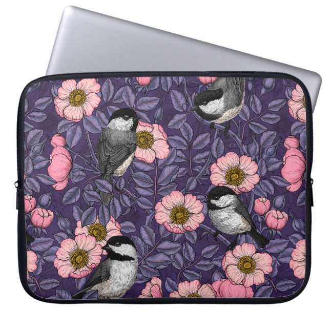 Chickadees in the wild rose in pink and violet laptop sleeve (Front)