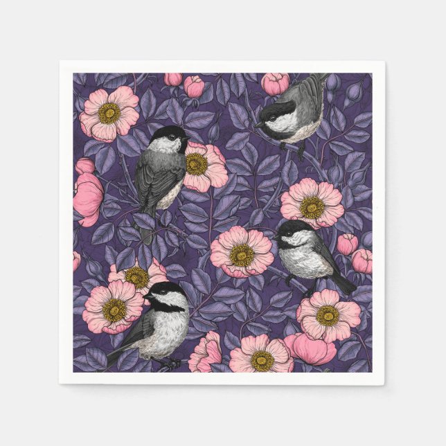 Chickadees in the wild rose in pink and violet napkin (Front)